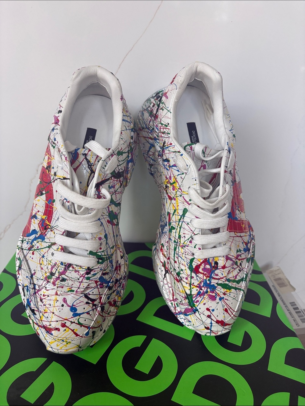 Dolce & Gabbana White Sneakers with Red DG and Multicolor Paint Splatter - Picture 2 of 7